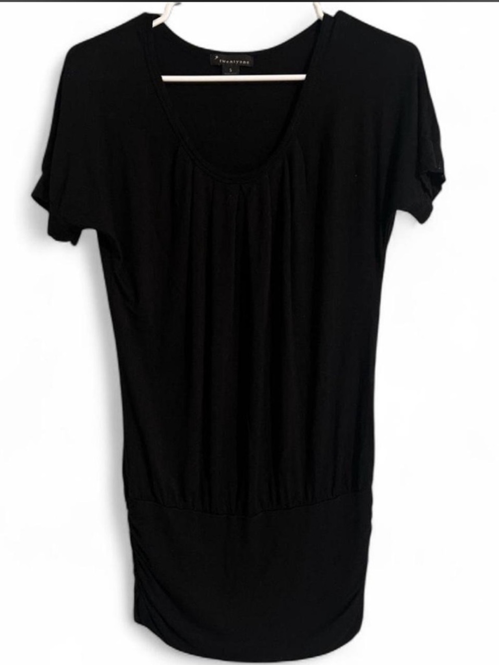 Vintage Forever 21 Y2K black rouched tunic short sleeve shirt scoop neck size s